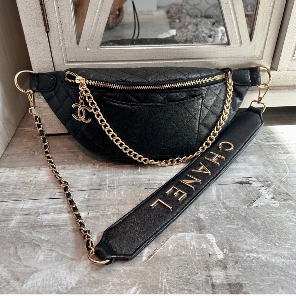 CHANEL Black Quilted Belt Bag with Gold Accents